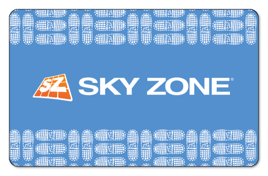 Sky Zone logo over a blue background surrounded by white footprints.